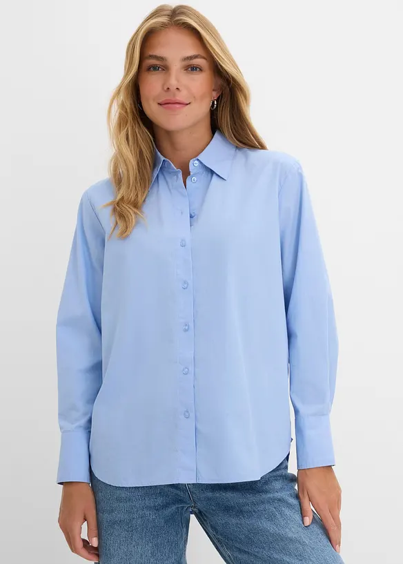 Hemdbluse aus reiner Baumwolle in blau von vorne (im Anschnitt) - bonprix