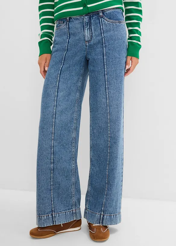 Leichte Wide-Leg-Jeans Mid Waist in blau von vorne - bonprix