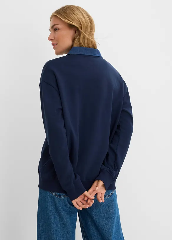 Oversize-Sweatshirt mit Jeanskragen aus Baumwoll-Mix in blau von hinten (im Anschnitt) - bonprix