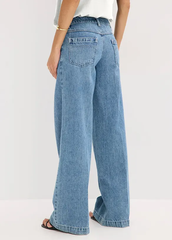 Wide-Leg-Jeans Mid Waist, Low Stretch Full Length in blau von hinten - bonprix