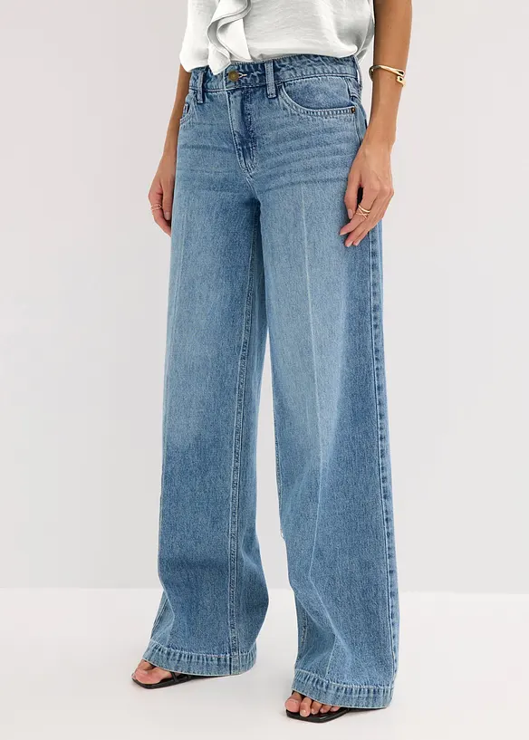 Wide-Leg-Jeans Mid Waist, Low Stretch Full Length in blau von vorne - bonprix