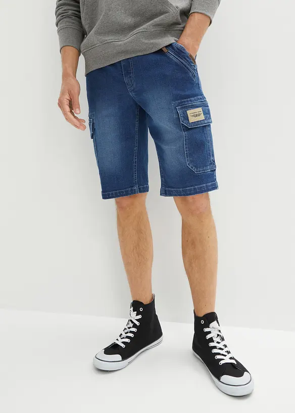 Stretch-Jeans-Cargobermuda, Regular Fit in blau von vorne - bonprix