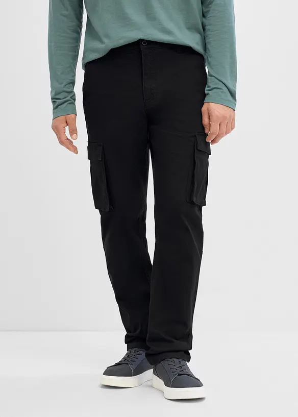 Classic Fit Stretch-Cargohose mit Dehnbund, Straight in schwarz von vorne - bonprix