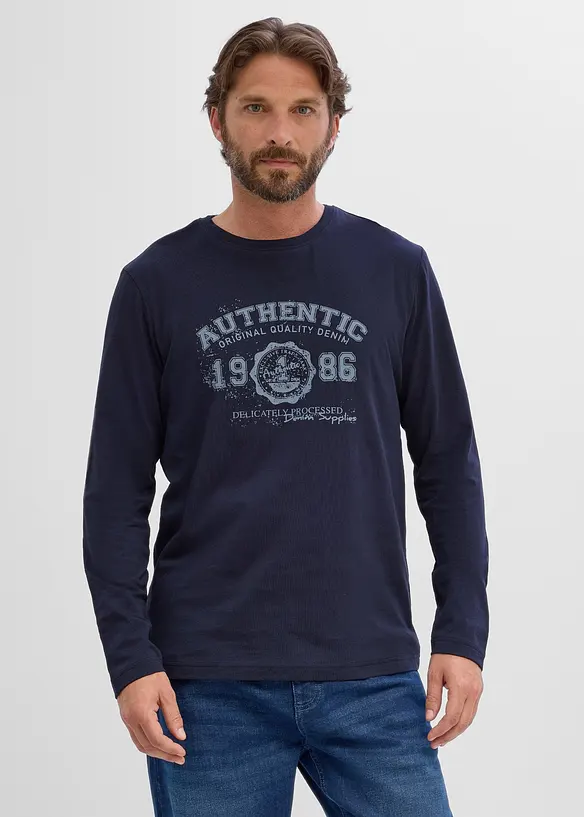 Langarmshirt aus reiner Bio-Baumwolle in blau von vorne (im Anschnitt) - bonprix