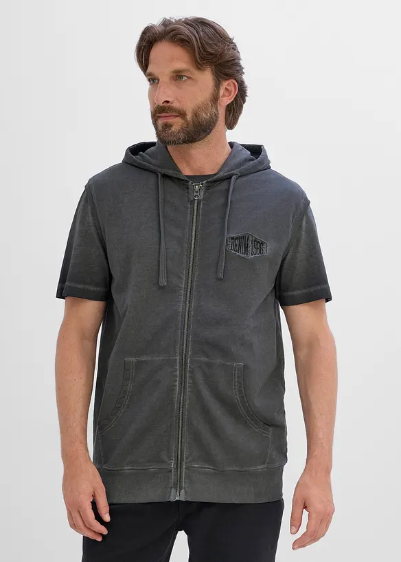 Kapuzen-Sweat-Weste in gewaschener Optik aus reiner Baumwolle in schwarz von vorne (im Anschnitt) - bonprix