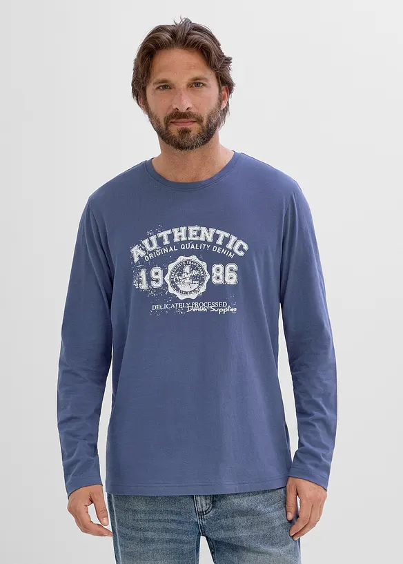 Langarmshirt aus reiner Bio-Baumwolle in blau von vorne (im Anschnitt) - bonprix