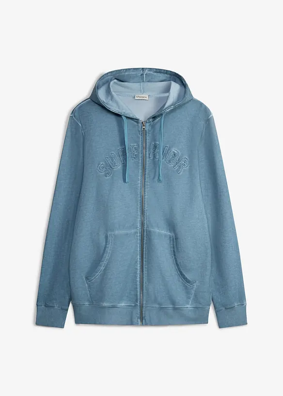 Kapuzen-Sweatjacke in gewaschener Optik aus reiner Baumwolle in blau von vorne - bonprix