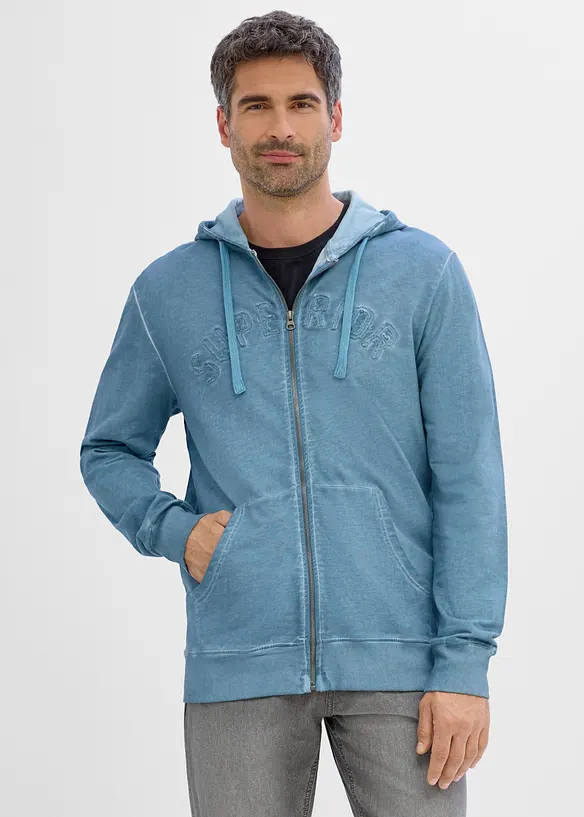 Kapuzen-Sweatjacke in gewaschener Optik aus reiner Baumwolle in blau von vorne (im Anschnitt) - bonprix