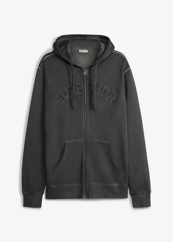 Kapuzen-Sweatjacke in gewaschener Optik aus reiner Baumwolle in grau von vorne - bonprix