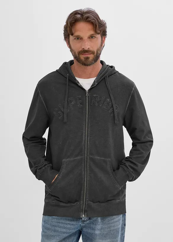Kapuzen-Sweatjacke in gewaschener Optik aus reiner Baumwolle in grau von vorne (im Anschnitt) - bonprix