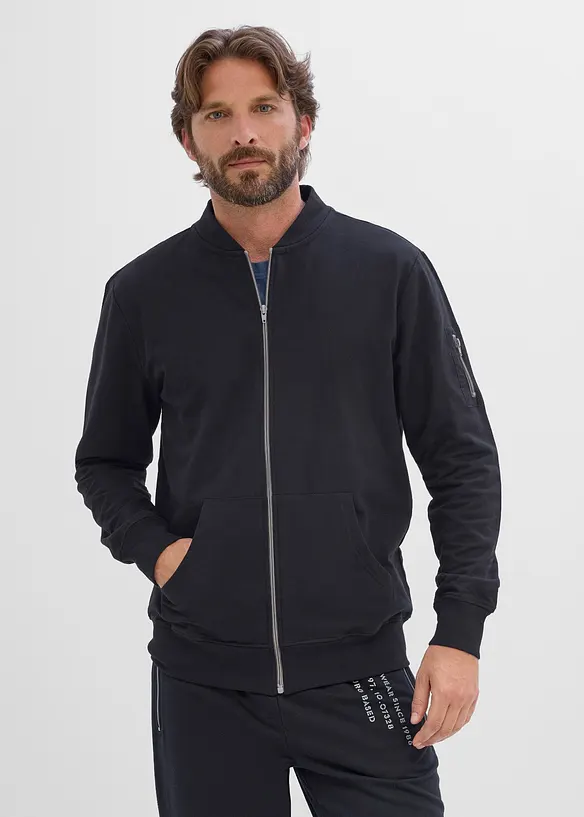 Sweat-Bomberjacke aus reiner Bio-Baumwolle in schwarz von vorne (im Anschnitt) - bonprix