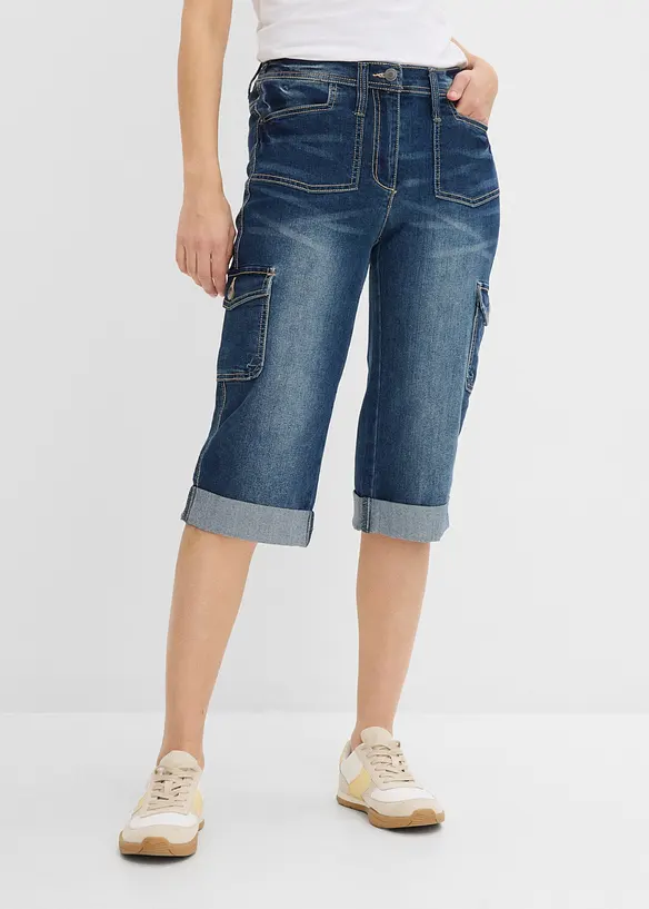 Cargo-Jeans, Mid Waist, Stretch in blau von vorne - bonprix