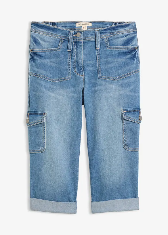 Cargo-Jeans, Mid Waist, Stretch in blau von vorne - bonprix