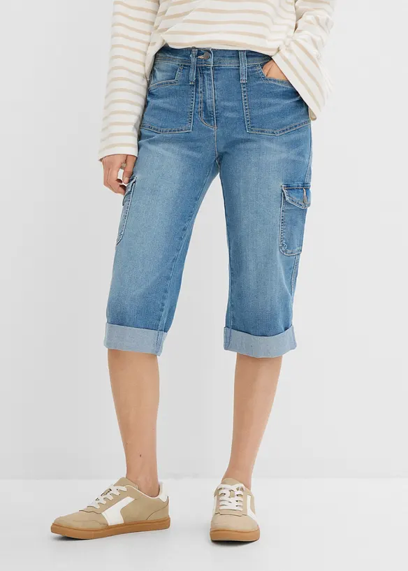 Cargo-Jeans, Mid Waist, Stretch in blau von vorne - bonprix