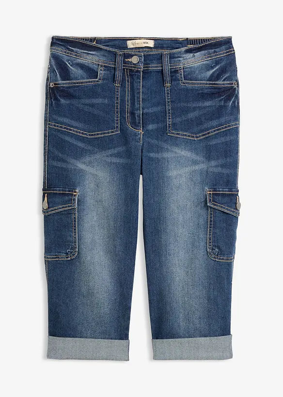 Cargo-Jeans, Mid Waist, Stretch in blau von vorne - bonprix