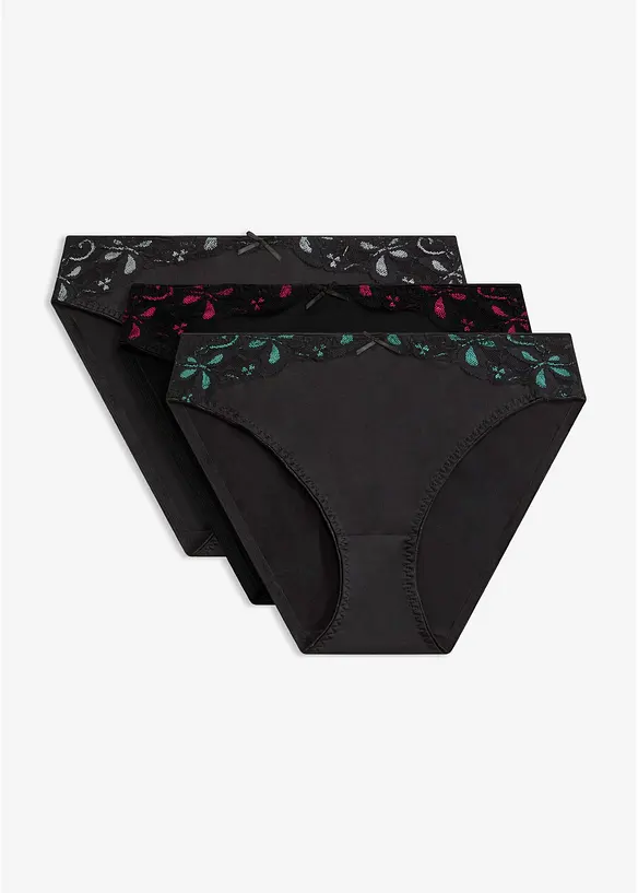 Slip mit Spitze (3er Pack) in schwarz von vorne - bonprix