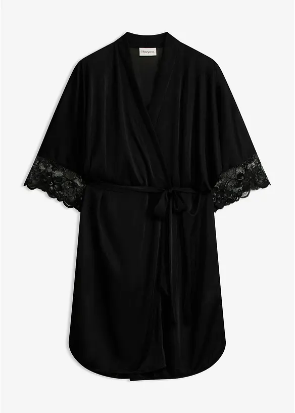 Satin Kimono mit Spitze in schwarz von vorne - bonprix