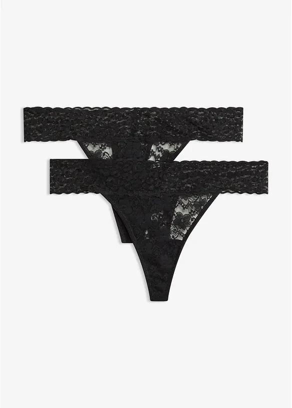Tanga String aus Spitze (2er Pack) in schwarz von vorne - bonprix