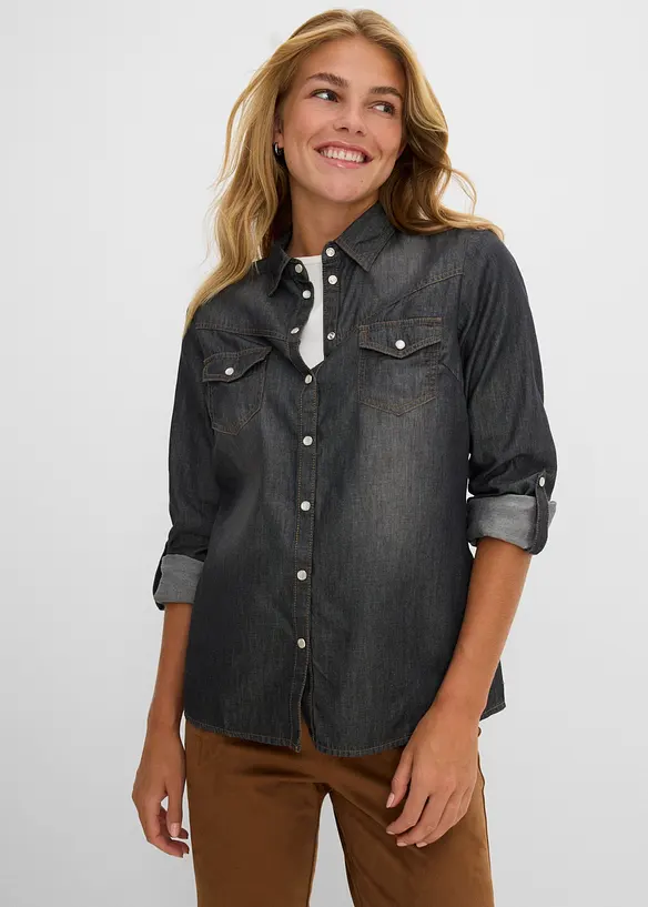 Jeansbluse aus reiner Bio-Baumwolle in schwarz von vorne (im Anschnitt) - bonprix Jeansbluse aus reiner Bio-Baumwolle in schwarz von vorne (im Anschnitt) - bonprix