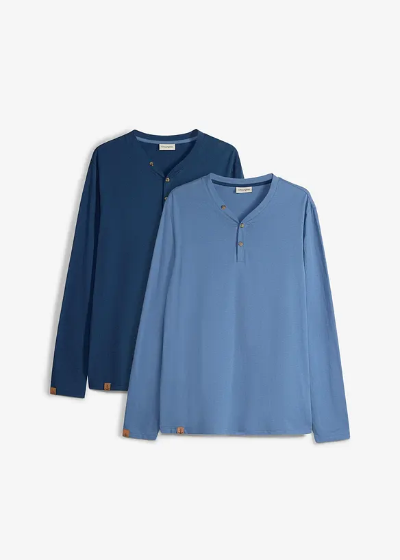 Langarm-Henleyshirt aus reiner Bio-Baumwolle (2er Pack) in blau von vorne - bonprix