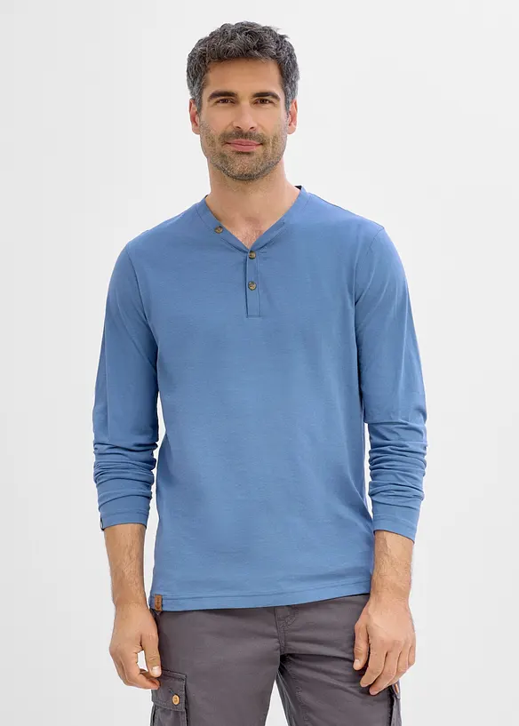 Langarm-Henleyshirt aus reiner Bio-Baumwolle (2er Pack) in blau von vorne (im Anschnitt) - bonprix