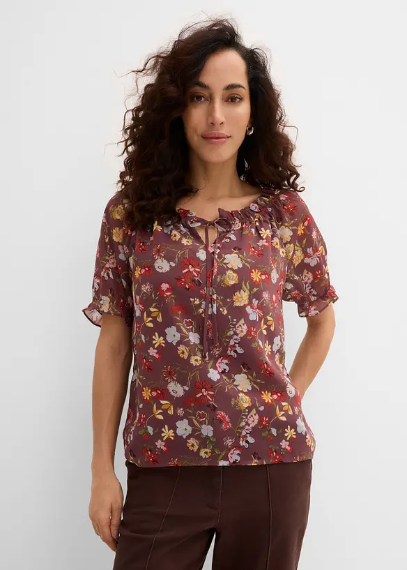 Carmen-Tunikabluse mit Bindedetail in lila von vorne (im Anschnitt) - bonprix Carmen-Tunikabluse mit Bindedetail in lila von vorne (im Anschnitt) - bonprix