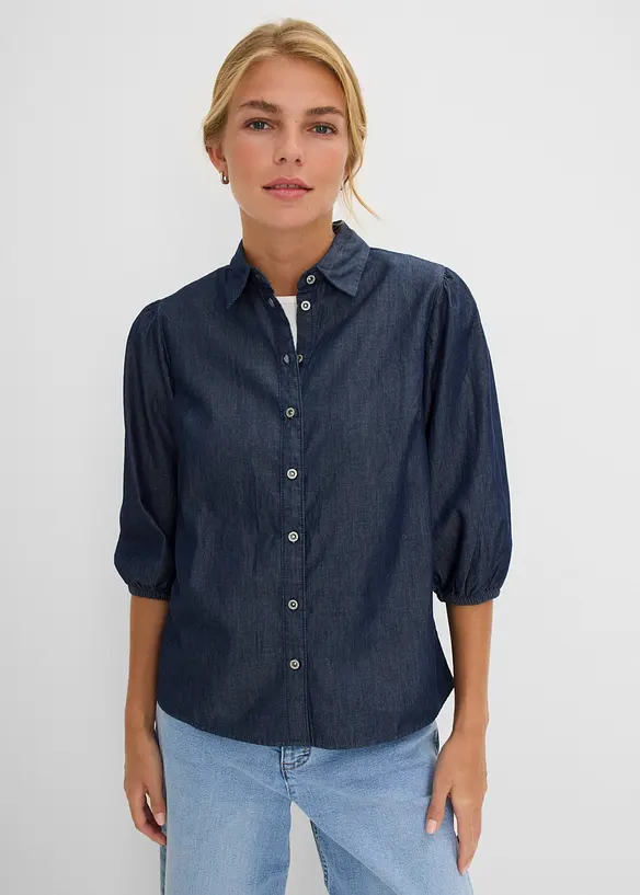 Jeansbluse mit Puffärmeln aus Bio-Baumwolle in blau von vorne (im Anschnitt) - bonprix