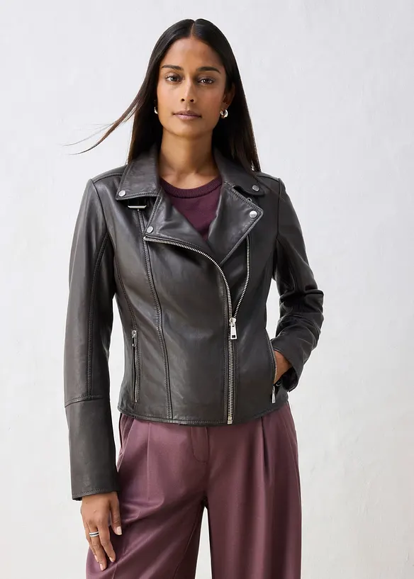 Bikerjacke aus Nappaleder in braun von vorne (im Anschnitt) - bonprix