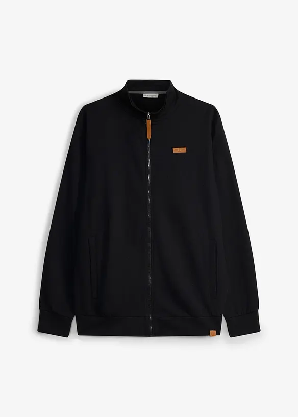Stehkragen-Sweatjacke mit Lederimitat-Details in schwarz von vorne - bonprix