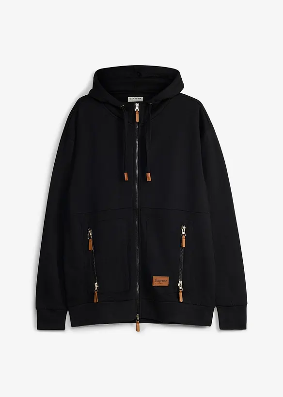 Kapuzen-Sweatjacke aus weichem Baumwoll-Mix, Loose Fit in schwarz von vorne - bonprix