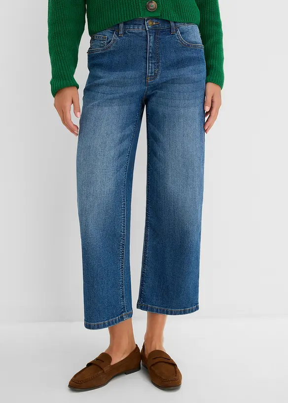 Wide-Leg-Jeans Mid Waist in blau von vorne - bonprix