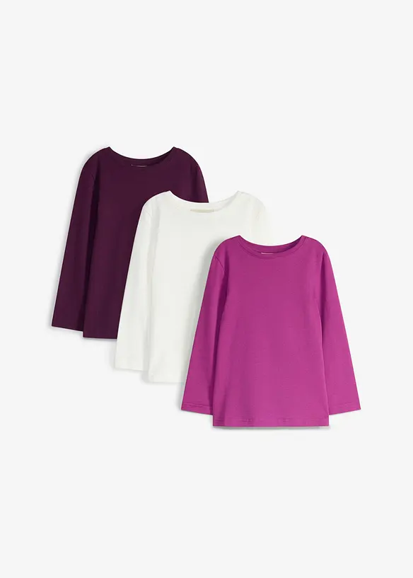 Langarmshirt (3er Pack) aus reiner Bio-Baumwolle in lila von vorne - bonprix