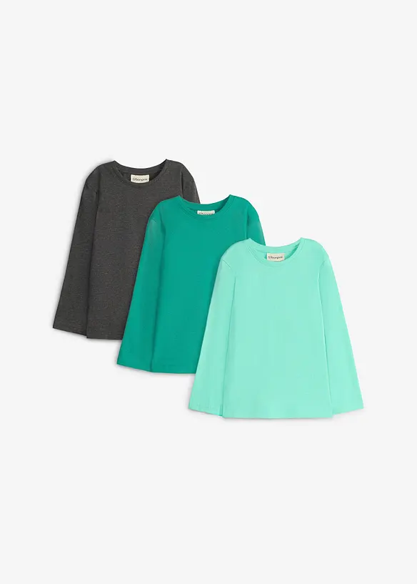 Langarmshirt mit Bio-Baumwolle (3er Pack) in grün von vorne - bonprix