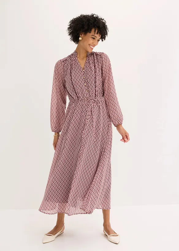 Chiffonkleid mit Kontrast-Pipings in lila von vorne (Totalaufnahme) - bonprix
