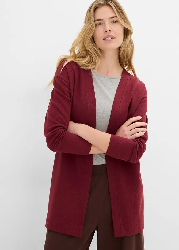 Long-Sweatjacke aus weichem Baumwoll-Mix in rot von vorne (im Anschnitt) - bonprix