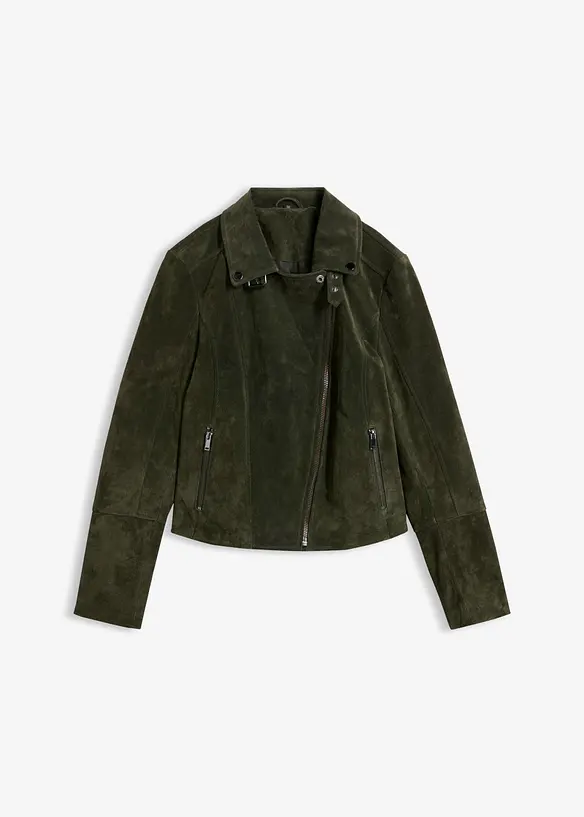 Biker-Velourslederjacke in grün von vorne - bonprix