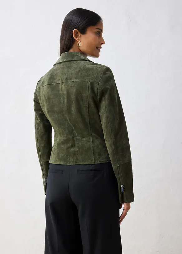 Biker-Velourslederjacke in grün von hinten (im Anschnitt) - bonprix