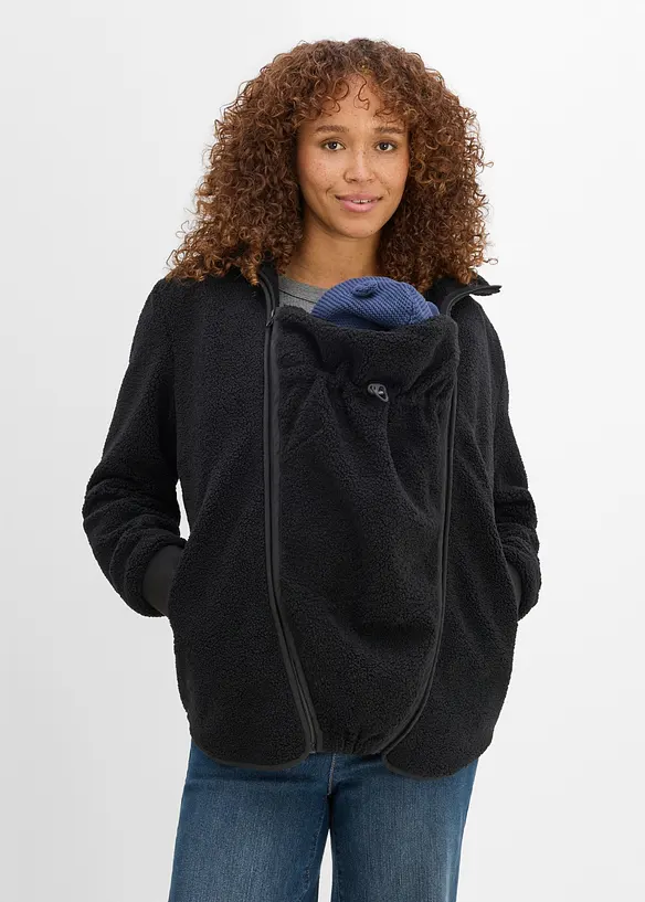 Umstands- und Tragejacke aus Teddyfleece (2-tlg. Set) in schwarz von vorne (im Anschnitt) - bonprix