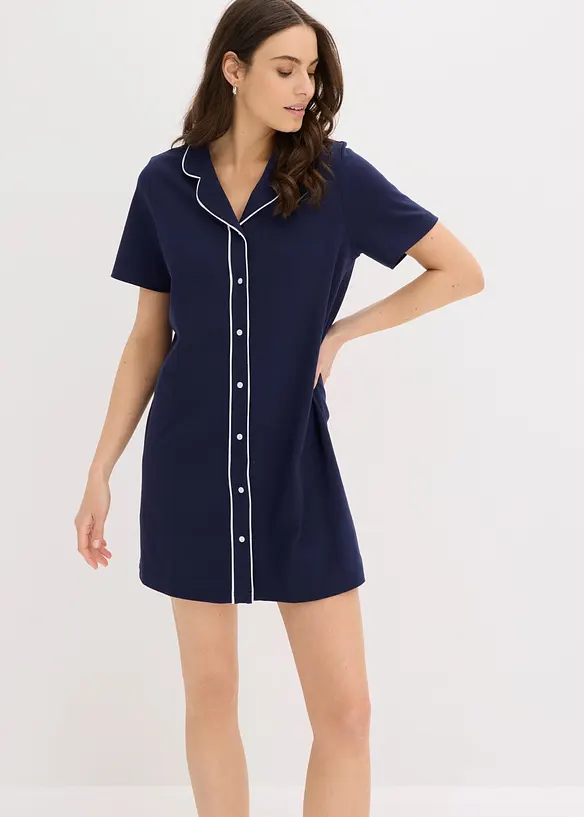 Nachthemd aus reiner Interlock-Bio-Baumwolle in blau im Look von vorne (Totalaufnahme) - bonprix
