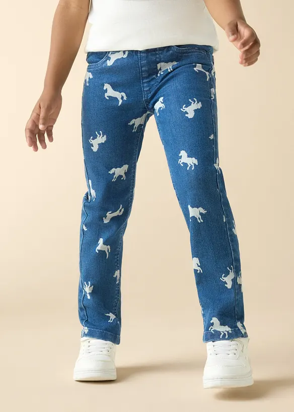 Schlupfjeans mit elastischem Bund Mid Waist in blau von vorne - bonprix