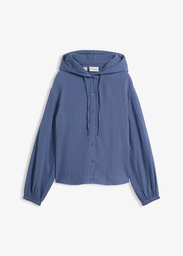 Musselin-Hoodie aus reiner Baumwolle in blau von vorne - bonprix