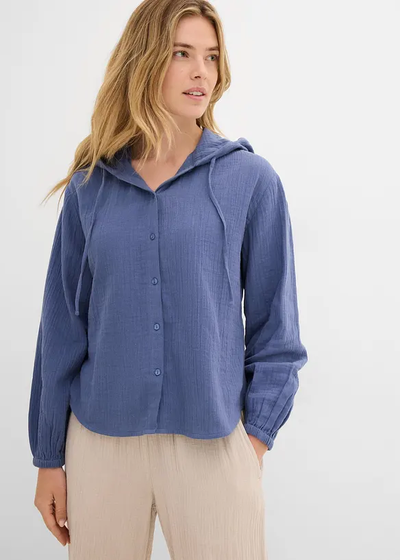 Musselin-Hoodie aus reiner Baumwolle in blau von vorne (im Anschnitt) - bonprix