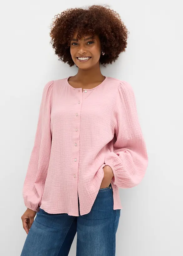 Musselin-Oversize-Bluse aus reiner Baumwolle in rosa von vorne (im Anschnitt) - bonprix