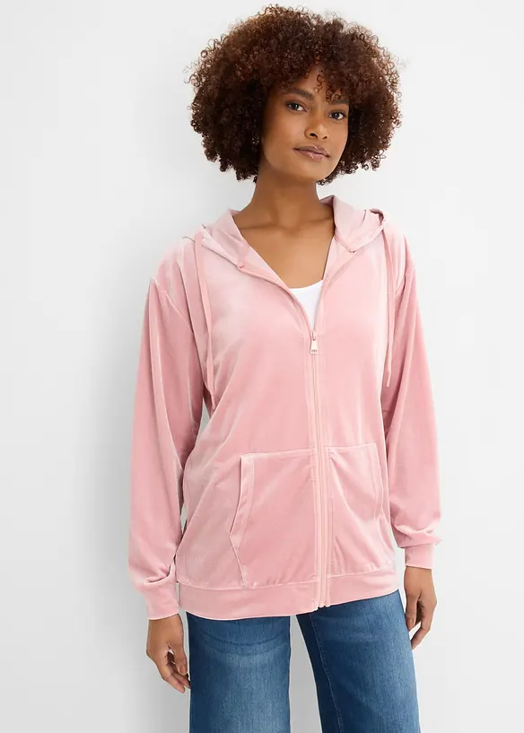 Kapuzen-Sweatjacke aus Samt in rosa von vorne (im Anschnitt) - bonprix