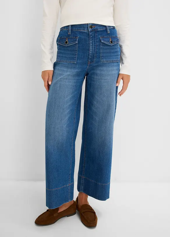 Wide-Leg-Jeans High Waist cropped in blau von vorne - bonprix