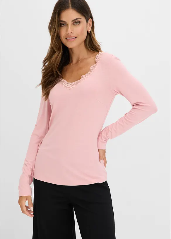 Langarmshirt aus softer Viskose in rosa von vorne (im Anschnitt) - bonprix