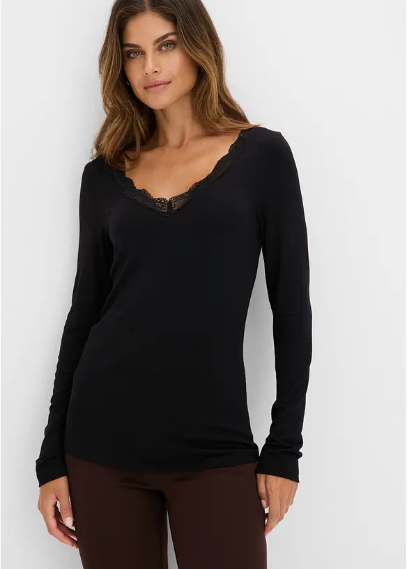 Langarmshirt aus softer Viskose in schwarz von vorne (im Anschnitt) - bonprix Langarmshirt aus softer Viskose in schwarz von vorne (im Anschnitt) - bonprix