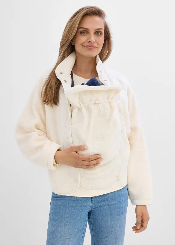 Umstands- und Tragejacke aus Teddyfleece in weiß von vorne (im Anschnitt) - bonprix