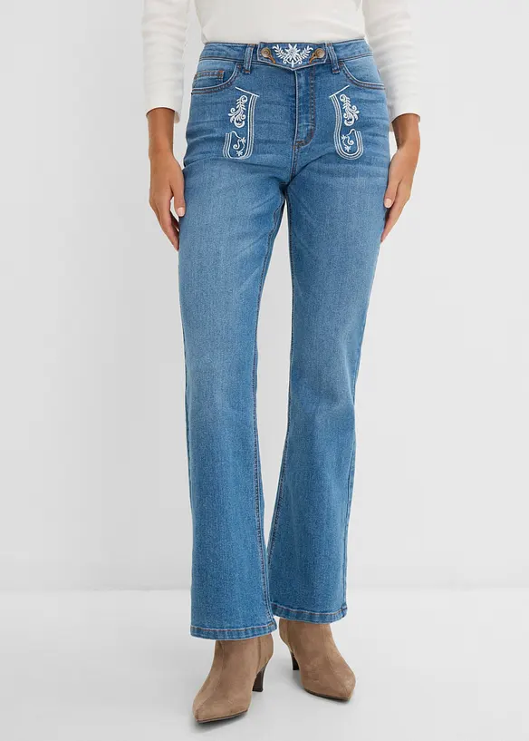 Trachten Bootcut-Jeans Mid Waist mit Stickerei in blau von vorne - bonprix