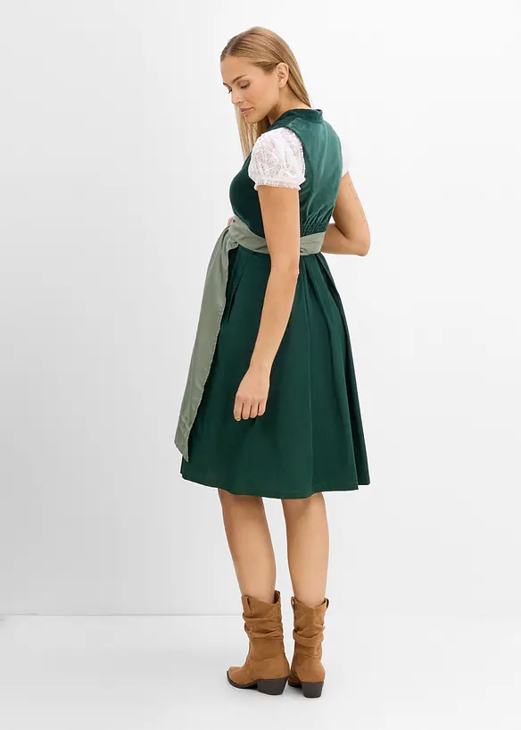 Umstands- Dirndl mit Samt-Mieder und Satin-Schürze (2-tlg.Set) in grün von hinten (Totalaufnahme) - bonprix